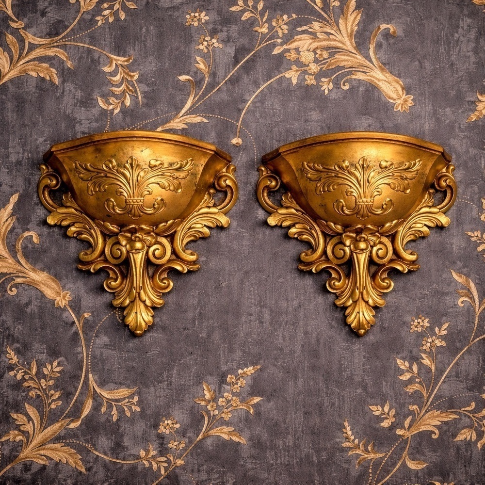 Vintage Pair 1978 Homco Gold Plastic Wall Pocket Resin Planter Hollywood Regency
